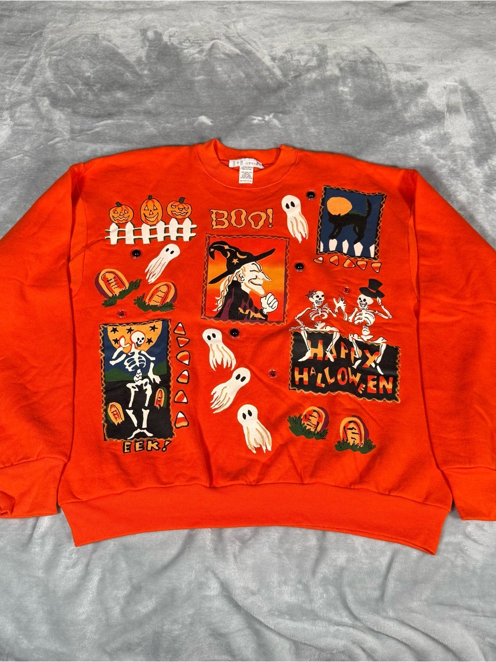 Vintage Happy Halloween Sweatshirt Mens XL Slim Fit (Estimated) Witch Skull 90s